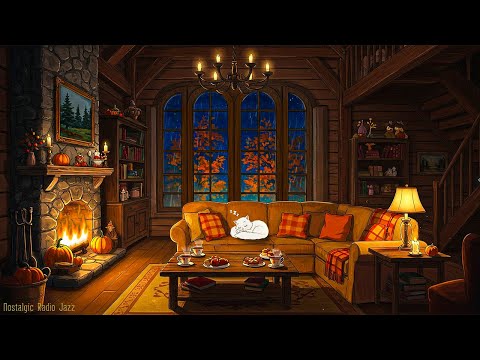 1950's rainy night in cozy autumn reading nook ambience | classic oldies playing in another room