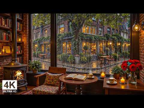 Tranquil Rainy Spring Coffee Shop ☕ Gentle Jazz & Crackling Fireplace for Study & Work