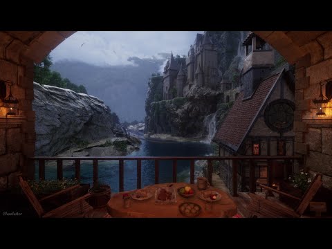 Fantasy Medieval Canyon Village Ambience | Rain, Crackling Fire, Water Sounds