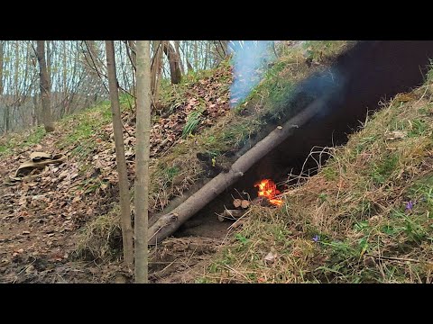 Building Warm Bushcraft Survival Secret Underground Tunnel Shelter, Fireplace, Campfire Cooking, DIY