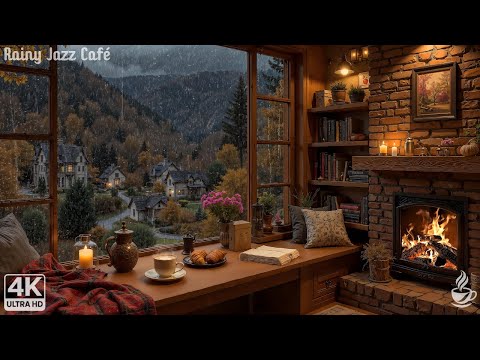Rainy Street View Coffee Shop 🌧️ Jazz Piano & Fireplace Sound | Background Noise for Work
