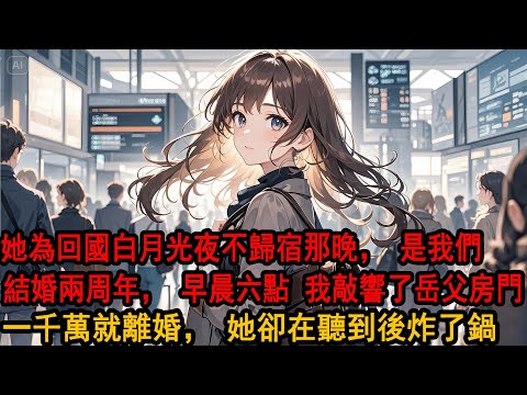 結婚兩年，她的白月光離婚回國。 當晚從不夜不歸宿的她，沒有回家。 當初她爸曾開價五百萬逼我離開，我沒答應。現在我想通了，準備還價，還到一千萬就離婚。早晨六點我敲響了岳父的房門。十分鐘後，整個柳家炸了鍋