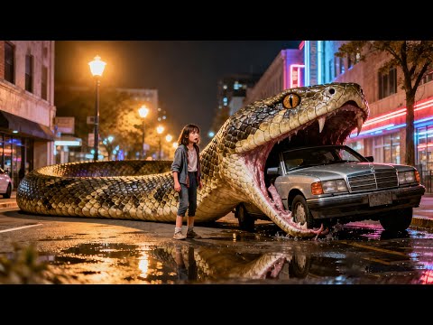 Mutant mega-snake swallows the traffickers’ car whole—little girl saved by the serpent.