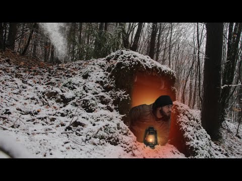 Building a warm and cozy survival dugout. Log shelter, Secret cave, Winter bushcraft