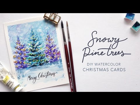 Christmas Lights on Snowy Pine Trees: DIY Watercolor Christmas Cards