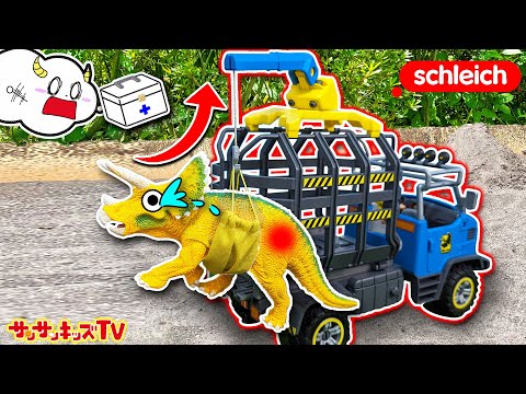 【恐竜】ティラノサウルスを助けて!公園でケガしたトリケラトプスを探してレスキュー!ダイノリサーチステーションに避難せよ!救助隊・シュライヒ ・子供向け知育教育★サンサンキッズTV★