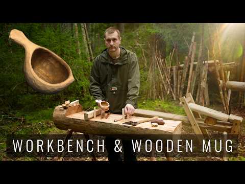 Workbench & Wooden Mug in the Forest only Hand Tools - Toasts on a fire and Ground coffee
