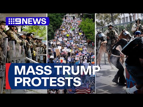LA protests heat up as 'No Kings' rallies kick off | 9 News Australia
