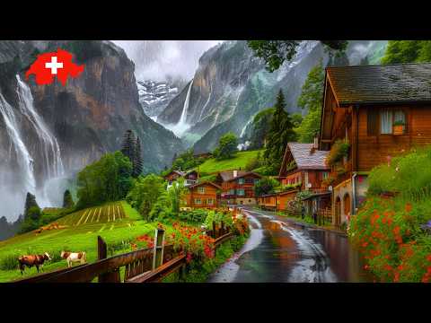 Switzerland's Rainy Day in Wengen and Lauterbrunnen: Walking in the Rain - Heavy Rain 4K