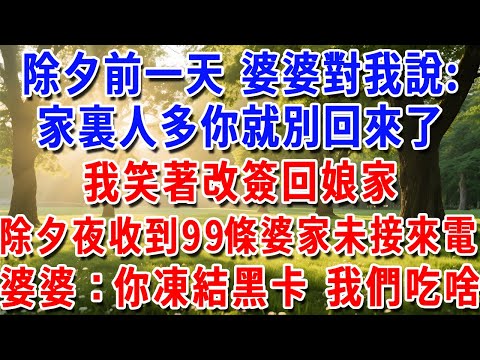 除夕前一天 婆婆對我說：家裏人多你就別回來了，我笑著改簽回娘家，除夕夜收到99條婆家未接來電 婆婆：你凍結黑卡 我們吃啥#為人處世#生活經驗#情感故事#故事#小說#戀愛#情感#婚姻