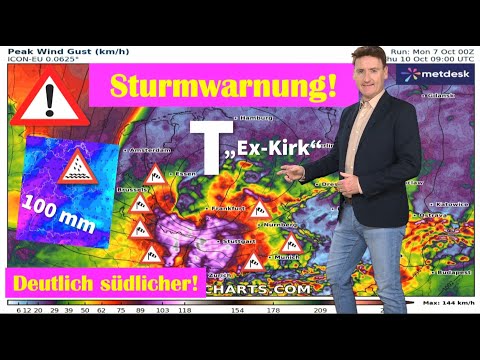 Orkan-Alarm am Donnerstag. UNWETTER: Schwerer Sturm, 100 mm Regen, Hochwasser, Gewitterwarnung.