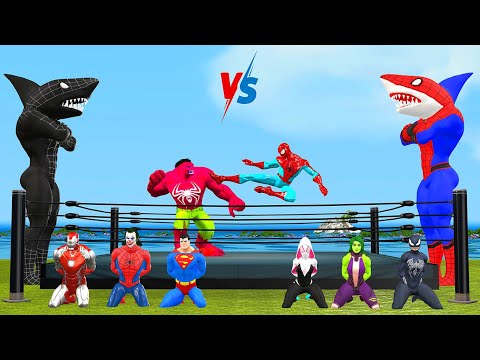 Game Playing shark Spider-Man Can Spider-Man BEAT the Joker and Shark in EPIC Superhero Battle Game