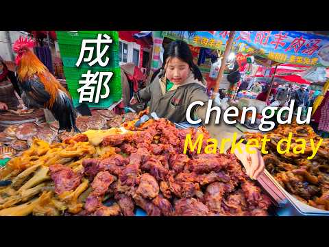 China Street food Chengdu market,Tasting sweet crispy roast duck, hand noodles, spicy Sichuan treats