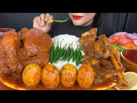 ASMR EATING SPICY WHOLE CHICKEN CURRY,MUTTON CURRY,EGG CURRY WITH WHITE RICE AND SALAD