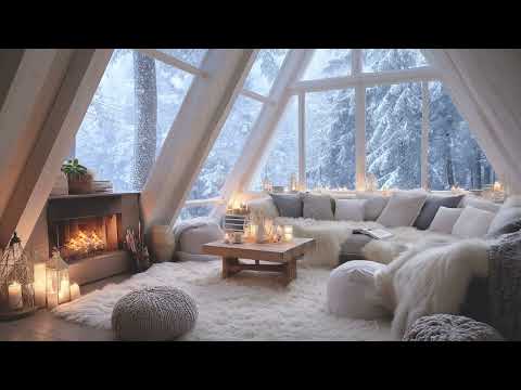 🪟🔥 Snowy Window Piano Lounge Fireplace Ambience | White Flower Room for Deep Sleep | Ember Lounge