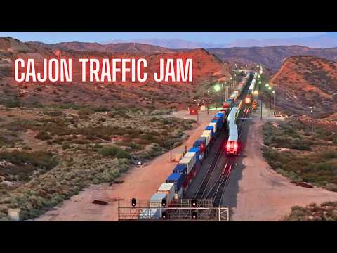 TRAINS OVER MASSIVE MOUNTAIN PASS - Cajon Trains STOPPED, MEETS, BNSF GEOMETRY CAR & AMTRAK