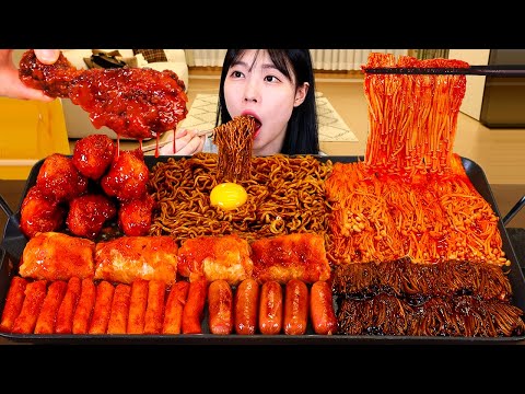 ASMR MUKBANG| 직접 만든 불닭 짜장 버섯 양념치킨 소세지 먹방 & 레시피 SPICY MUSHROOM AND FIRE NOODLES EATING