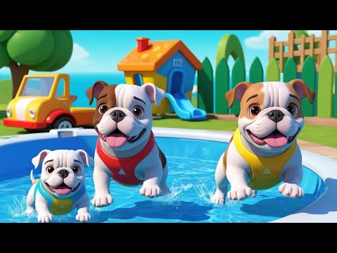 Три маленьких бульдога прыгают в бассейн