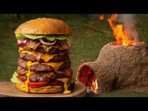 Making a Giant 2.5KG Burger in the Forest With Clay Oven and Handmade Bread