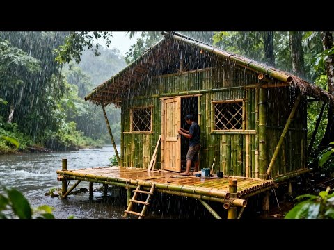 camping heavy rain thunderstorm building bamboo shelter in the forest