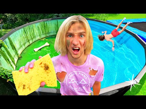We're cleaning the DISGUSTING TRAMPOLINE POOL! (extreme challenge!)