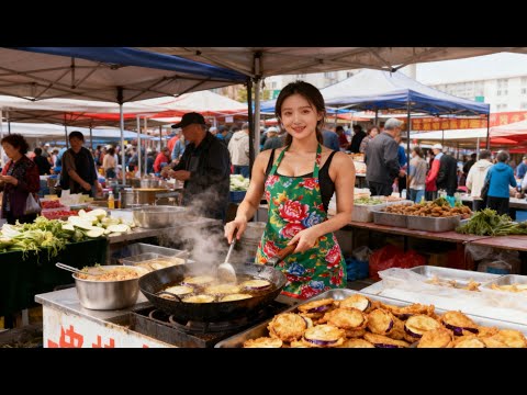 逛辽宁大连街头早市，体验中国东北饮食文化。炸茄盒、油炸糕、大连特色焖子、新鲜海鲜、东北特色杀猪菜