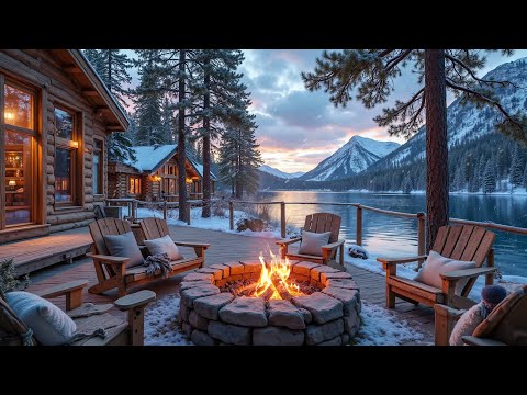 Peaceful Winter Lakeside Cabin and Fireplace Ambience ❄️🔥 Soft Piano Music for Relaxation, Study