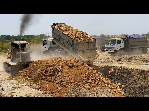Great Work Starting New Road And Finish By Heavy Dump Truck And Strong Bulldozer Pushing