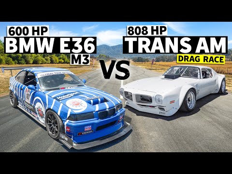 Hand-built widebody 808hp TRANS AM vs Time Attack E36 M3 in No-Prep Drag Racing!