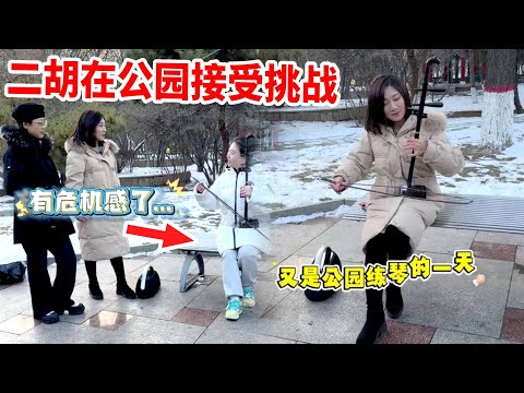 在公园来自美女的“挑战”#二胡张逛公园 #二胡 #盘大爷