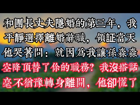 和團長丈夫隱婚的第三年，我平靜選擇離婚辭職，領証當天，他哭着問：就因爲我讓孫淼淼空降頂替了你的職務？我沒搭話毫不猶豫轉身離開，他卻慌了