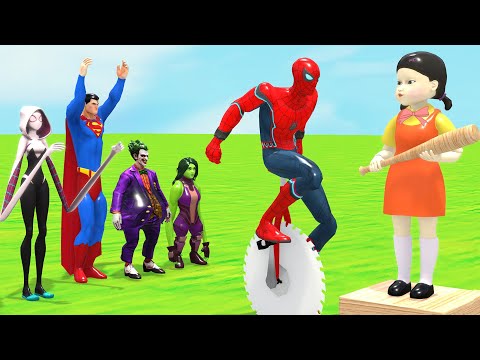 Super Hero 3D vs Squid Game Saw Wheel Challenge! Who Survives