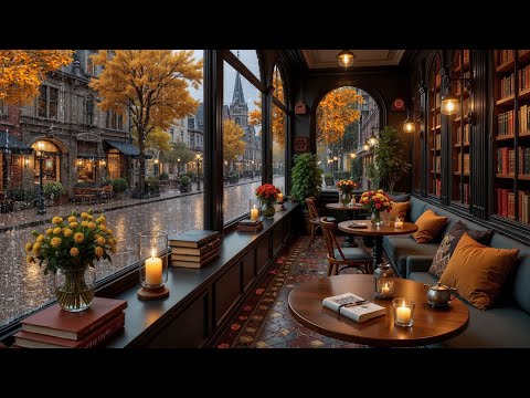Warm November Autumn Jazz 🍂 Cozy Coffee Shop Ambience with Rain Sounds for Study & Work