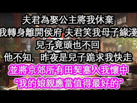 夫君為娶公主將我休棄我轉身離開侯府 夫君笑我母子緣淺兒子竟頭也不回他不知，昨夜是兒子跪求我快走並將京郊所有田契塞入我懷中“我的娘親應當值得最好的”【花開】【愛情】【生活】
