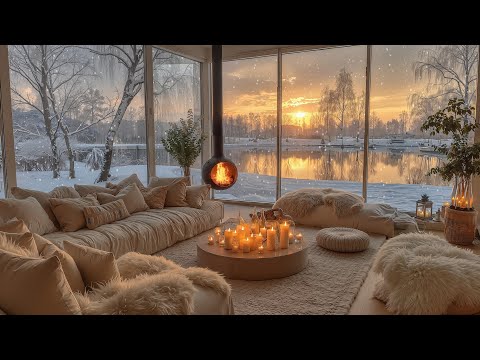 Cozy Lakeside Cabin Morning ❄️ Smooth Piano Music & Gentle Falling Snow for Relaxation
