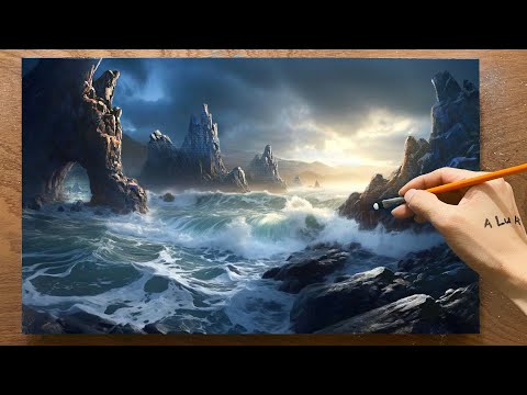 Draw a scene of waves crashing on the beach /#81/ Magnificent coastal landscape painting / A Lu Art