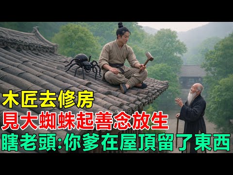 民間故事:木匠去修房,見大蜘蛛起善念放生,瞎老頭:你爹在屋頂留了東西