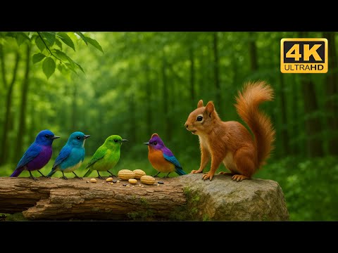 Cat TV for Cats to Watch – Squirrel Meets Colorful Birds on a Forest Log | 4K Ultra HD 🐿️🌈🐦