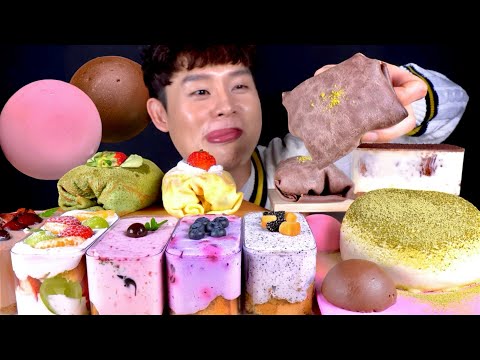 ASMR 5가지 보틀케이크와 말차 밀크 두바이초코 수건케이크 무스케이크 먹방~! Bottle Cake With Green Tea Milk Chocolate Cake MuKBang!