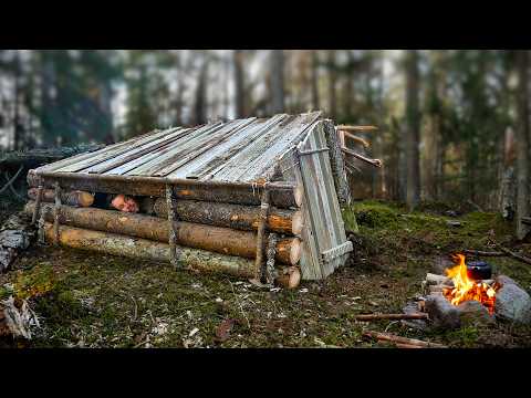 3 Day Island Bushcraft: Building Sturdy Survival Shelter Under a Fallen tree