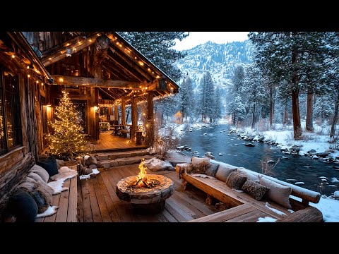 Relaxing Winter Christmas Ambience | Riverside Porch Campfire & Birds Songs