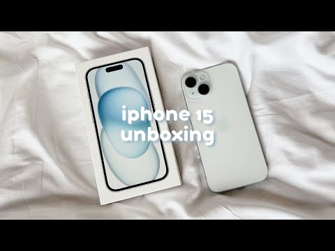 iphone 15 (blue) aesthetic unboxing 🎐 phone accessories, set up, + camera test!