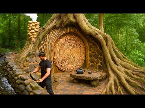 I Built a Hidden Forest Shelter Inside a Giant Tree
