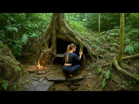 Build a shelter under a rotten tree stump - survive alone