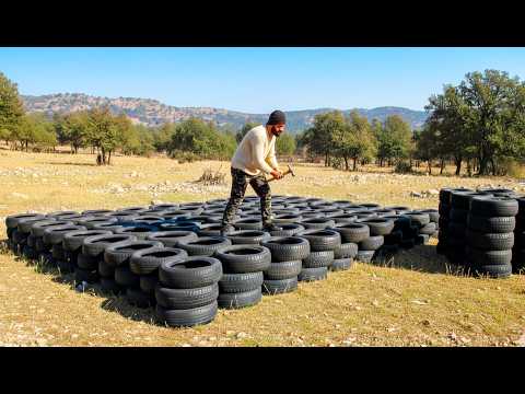 I'm Building a Free Car Tire Home in 29 Days in the mountain