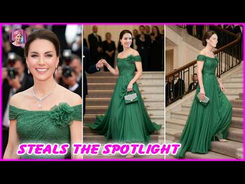 Catherine Dazzles in GREEN OFF-THE-SHOULDER GOWN As She Arrived at Flower Show with William