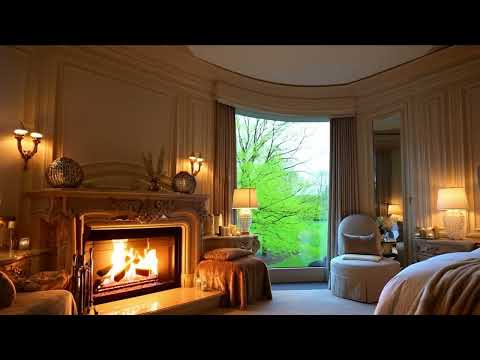 Elegant Spring Bedroom Ambience | Crackling Fireplace, Fresh Breeze & Cozy Vibes