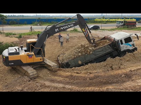 Heavy Dump Truck Stuck In Deep Hole & Recovery By Excavator, Bulldozer ឡានដឹកដីធ្ងន់ជាប់ផុងជ្រៅ