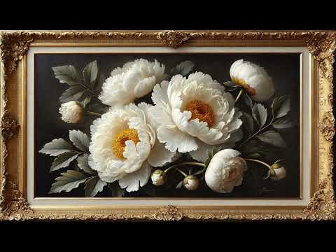 Vintage White Peonies Painting | TV Art with Gold Frame | Artistic Screensaver | 12 Hours