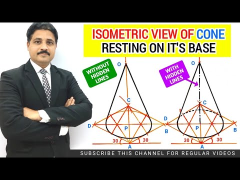 HOW TO DRAW ISOMETRIC VIEW OF CONE RESTING ON IT'S BASE IN ENGINEERING DRAWING IN HINDI